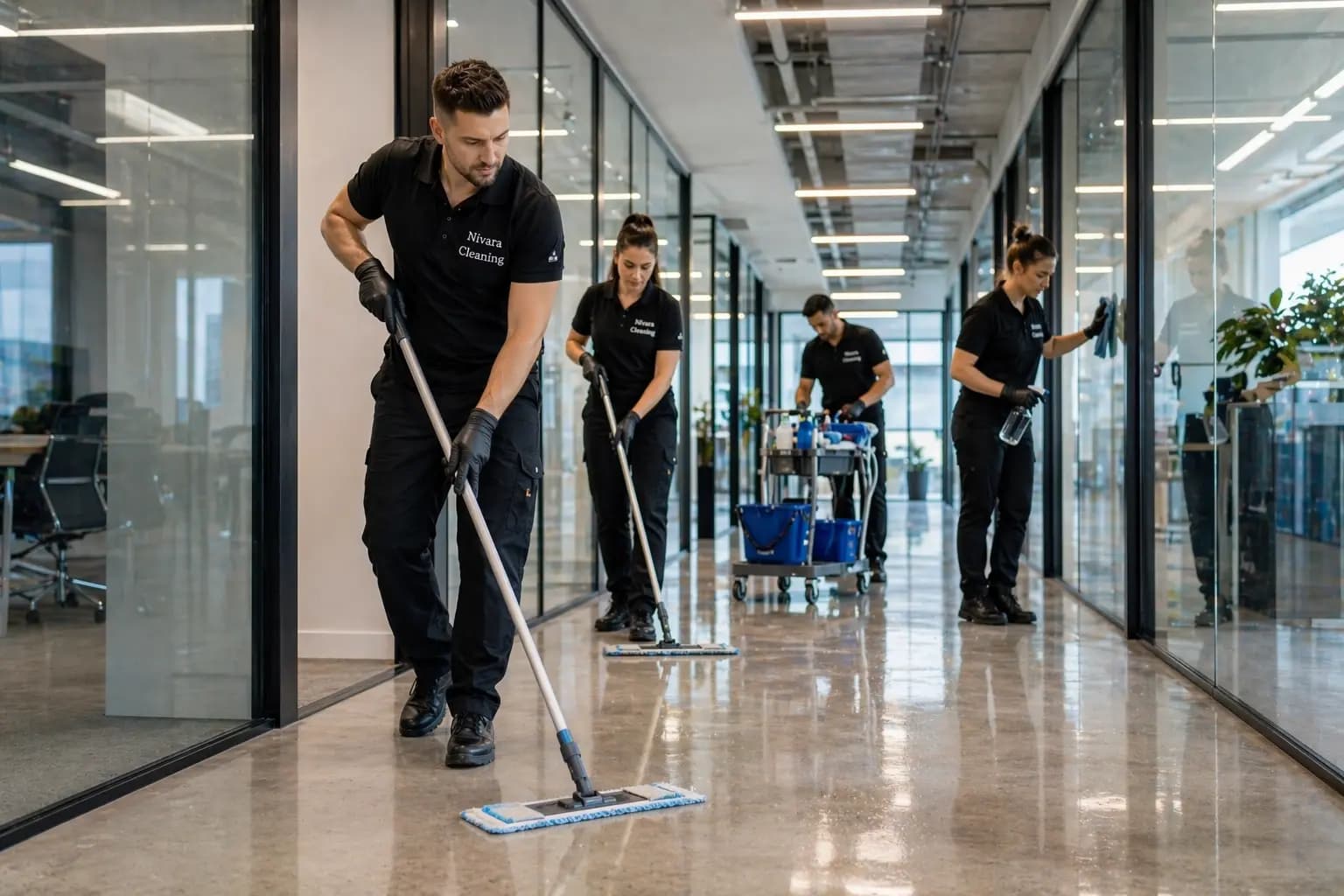 Nivara Cleaning team preparing professional cleaning equipment