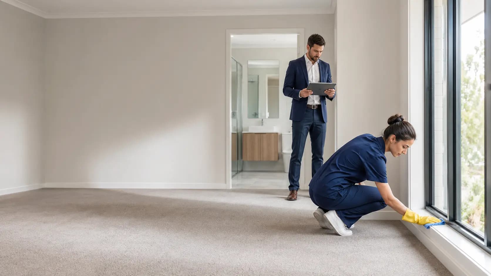 Cleaner preparing a rental property for end of lease inspection